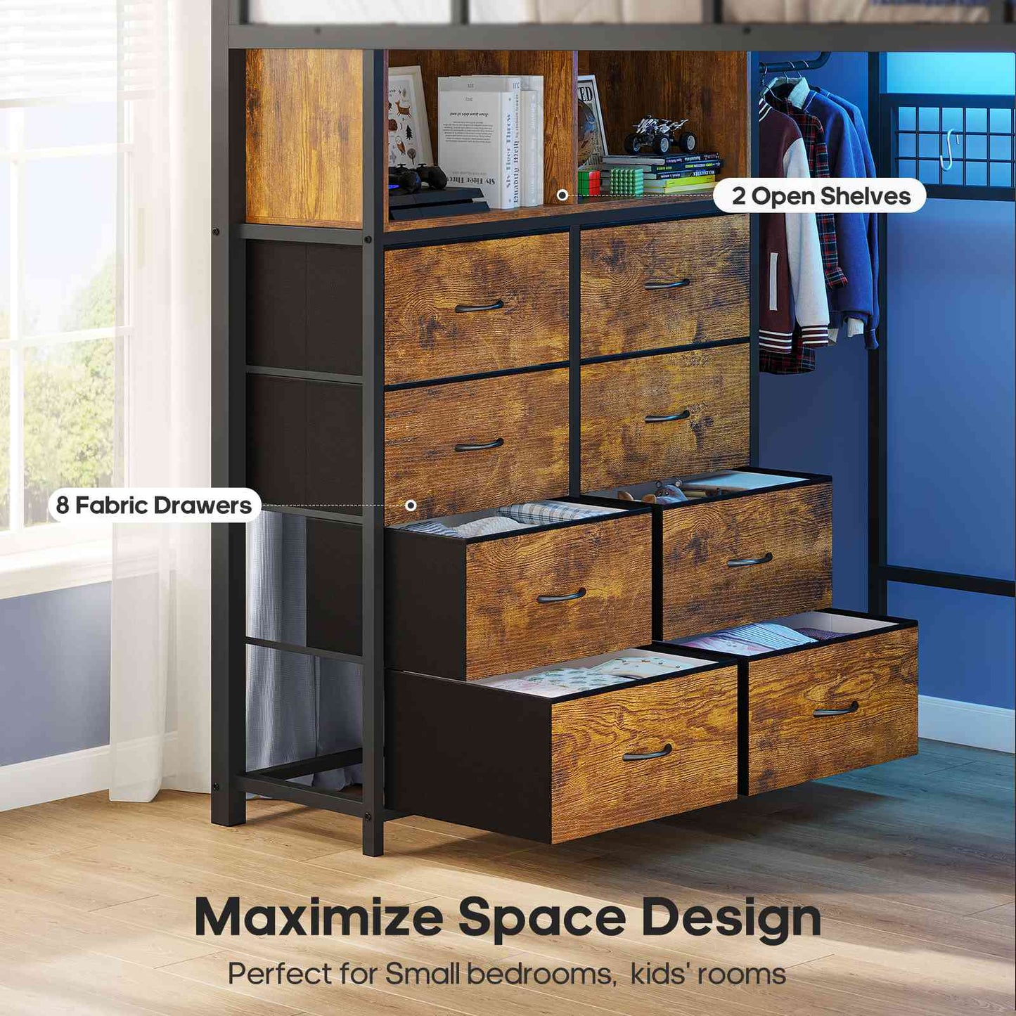 ADORNEVE Loft Bed Full Size with Desk and 8 Storage Drawers LED Metal Loft Bed with Power Outlet and 2 Shelves Clothing Rack Bed with Safety Guardrail Ladder