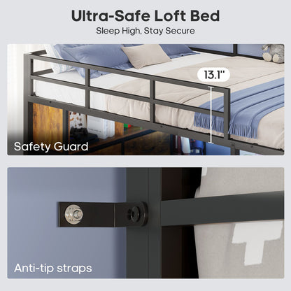ADORNEVE Loft Bed Full Size with Desk and 8 Storage Drawers LED Metal Loft Bed with Power Outlet and 2 Shelves Clothing Rack Bed with Safety Guardrail Ladder