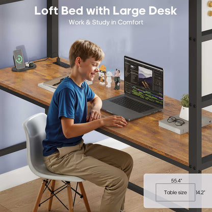 ADORNEVE Loft Bed Full Size with Desk and 8 Storage Drawers LED Metal Loft Bed with Power Outlet and 2 Shelves Clothing Rack Bed with Safety Guardrail Ladder