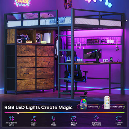 ADORNEVE Loft Bed Full Size with Desk and 8 Storage Drawers LED Metal Loft Bed with Power Outlet and 2 Shelves Clothing Rack Bed with Safety Guardrail Ladder