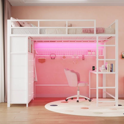 ADORNEVE Loft Bed Full Size with Desk and 8 Storage Drawers LED Metal Loft Bed with Power Outlet and 2 Shelves Clothing Rack Bed with Safety Guardrail Ladder