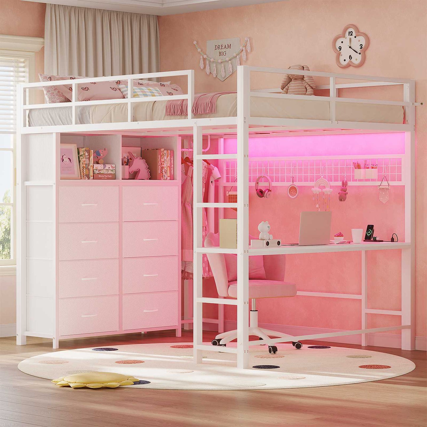 ADORNEVE Loft Bed Full Size with Desk and 8 Storage Drawers LED Metal Loft Bed with Power Outlet and 2 Shelves Clothing Rack Bed with Safety Guardrail Ladder