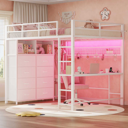 ADORNEVE Loft Bed Full Size with Desk and 8 Storage Drawers LED Metal Loft Bed with Power Outlet and 2 Shelves Clothing Rack Bed with Safety Guardrail Ladder