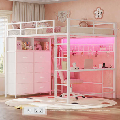 ADORNEVE Loft Bed Full Size with Desk and 8 Storage Drawers LED Metal Loft Bed with Power Outlet and 2 Shelves Clothing Rack Bed with Safety Guardrail Ladder