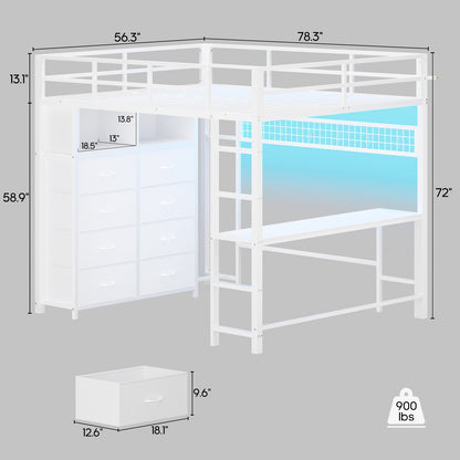 ADORNEVE Loft Bed Full Size with Desk and 8 Storage Drawers LED Metal Loft Bed with Power Outlet and 2 Shelves Clothing Rack Bed with Safety Guardrail Ladder