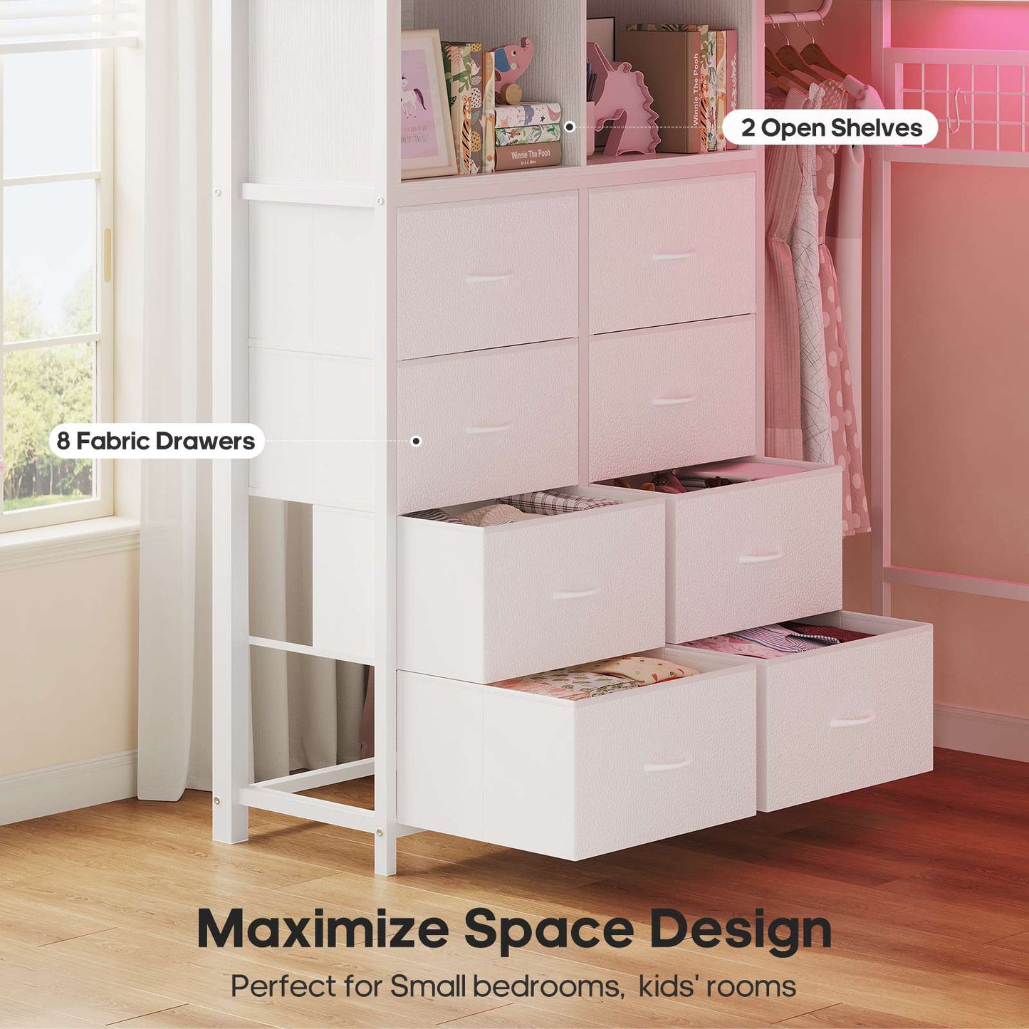ADORNEVE Loft Bed Full Size with Desk and 8 Storage Drawers LED Metal Loft Bed with Power Outlet and 2 Shelves Clothing Rack Bed with Safety Guardrail Ladder