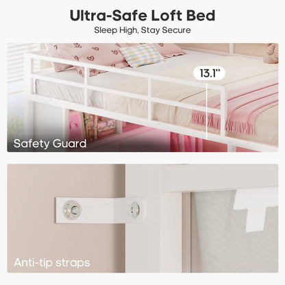ADORNEVE Loft Bed Full Size with Desk and 8 Storage Drawers LED Metal Loft Bed with Power Outlet and 2 Shelves Clothing Rack Bed with Safety Guardrail Ladder
