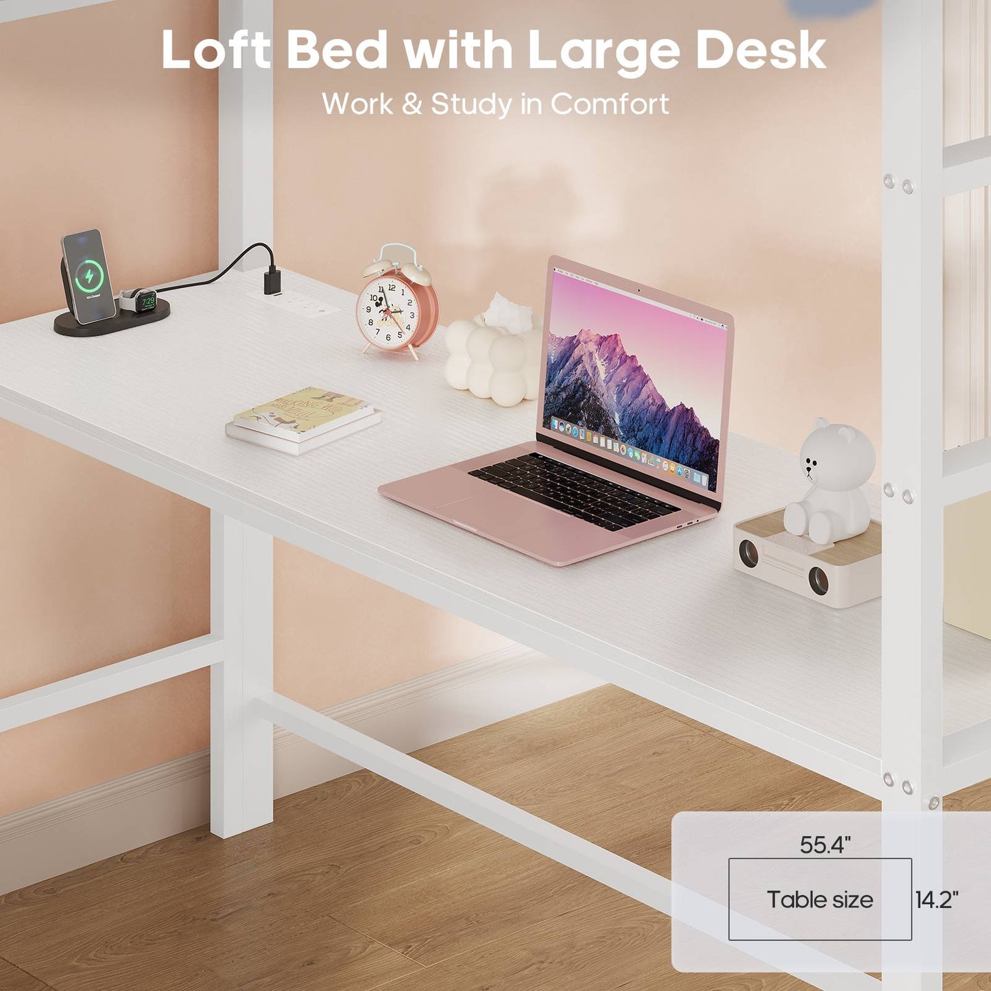 ADORNEVE Loft Bed Full Size with Desk and 8 Storage Drawers LED Metal Loft Bed with Power Outlet and 2 Shelves Clothing Rack Bed with Safety Guardrail Ladder