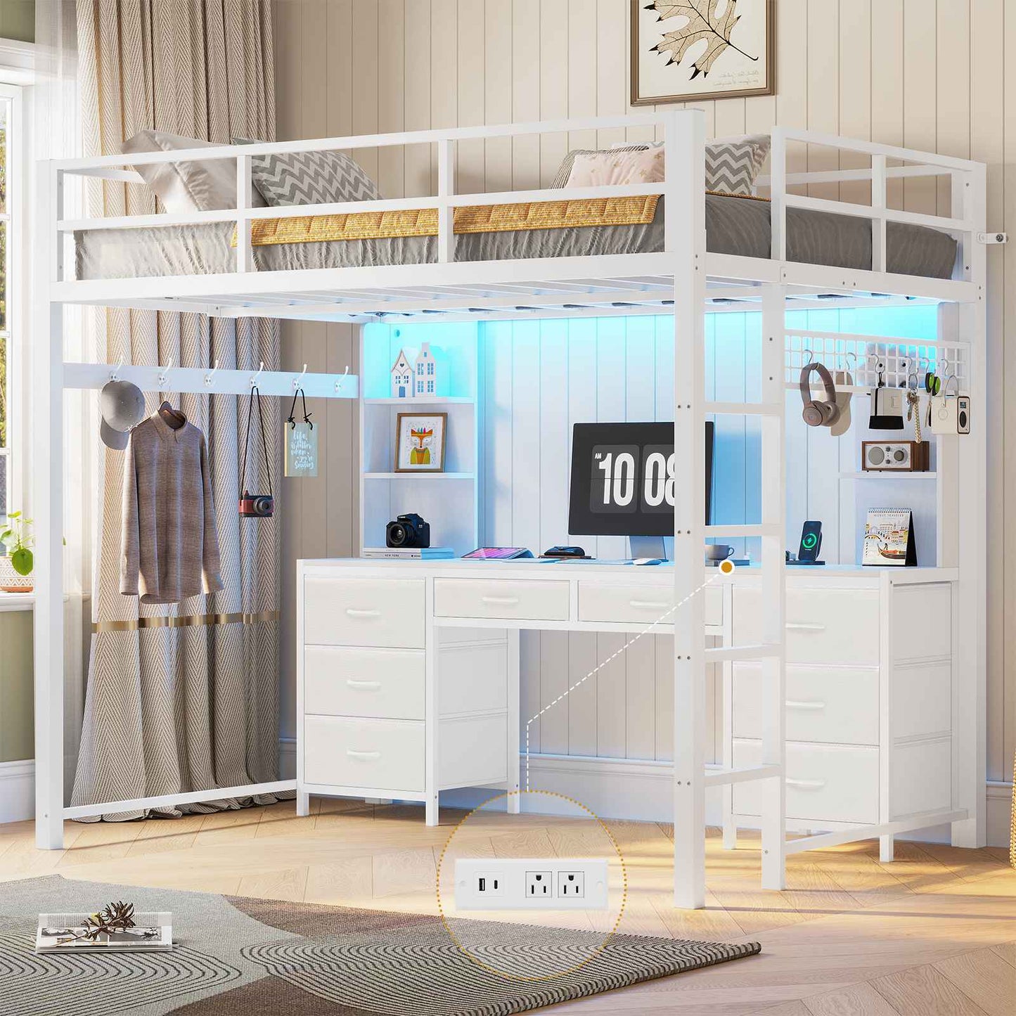 ADORNEVE Full Size Loft Bed with Desk and 8 Storage Drawers LED Metal Loft Beds with Charging Sation and 6 Storage Shelves
