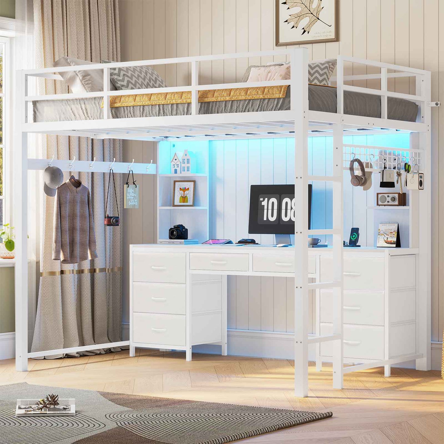 ADORNEVE Full Size Loft Bed with Desk and 8 Storage Drawers LED Metal Loft Beds with Charging Sation and 6 Storage Shelves
