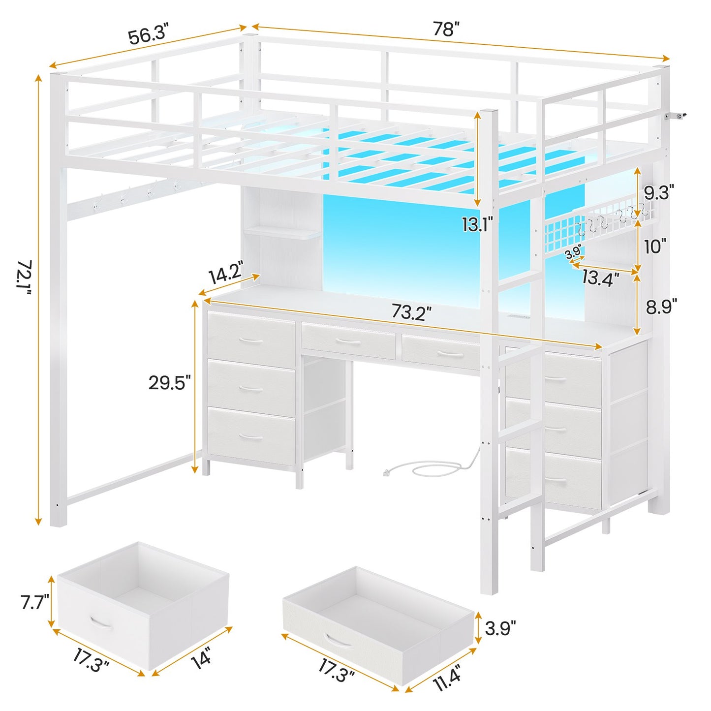 ADORNEVE Full Size Loft Bed with Desk and 8 Storage Drawers LED Metal Loft Beds with Charging Sation and 6 Storage Shelves