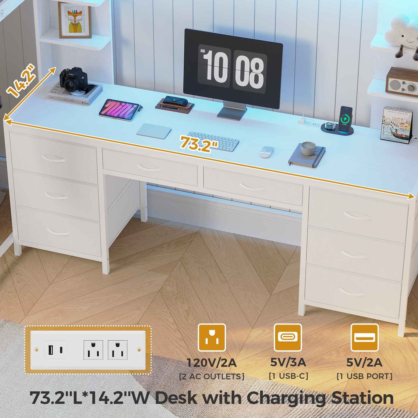 ADORNEVE Full Size Loft Bed with Desk and 8 Storage Drawers LED Metal Loft Beds with Charging Sation and 6 Storage Shelves