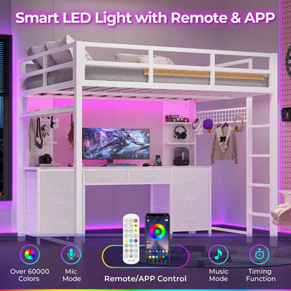 ADORNEVE Full Size Loft Bed with Desk and 8 Storage Drawers LED Metal Loft Beds with Charging Sation and 6 Storage Shelves