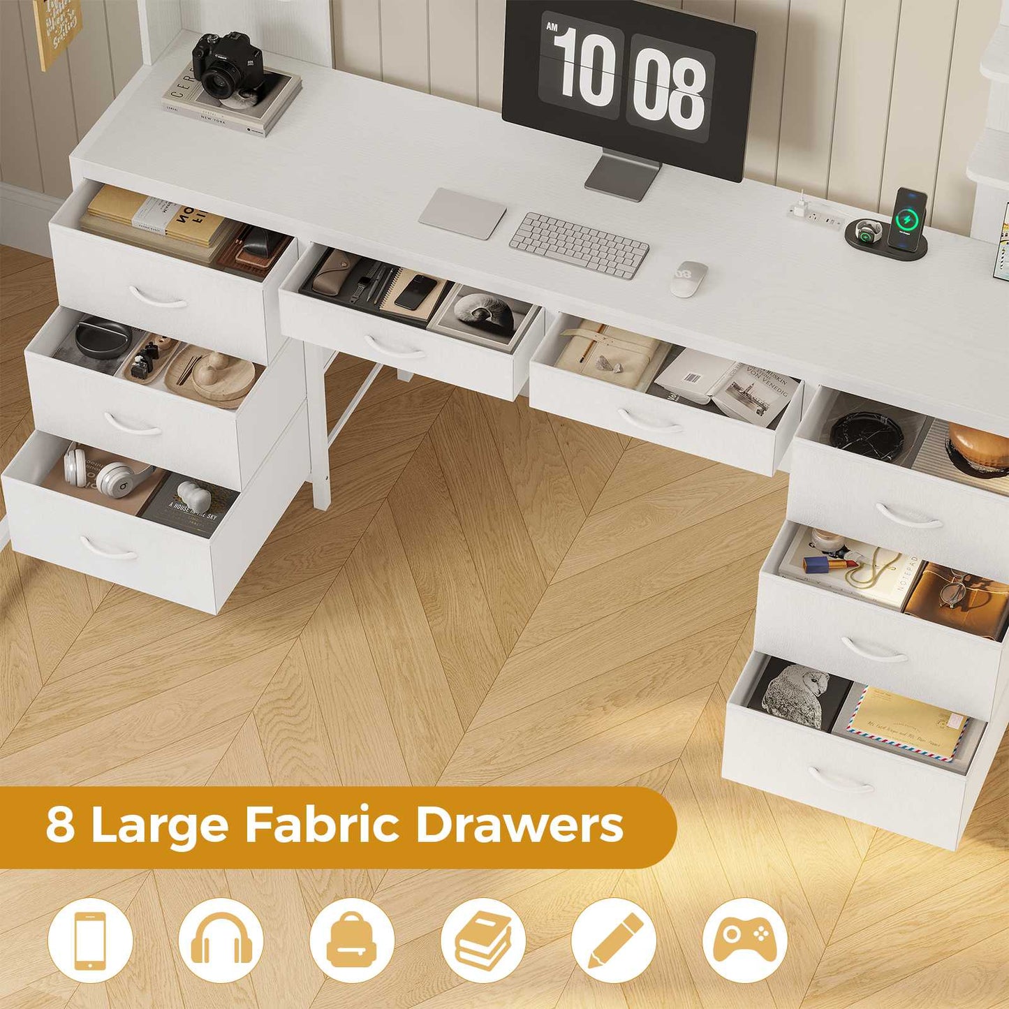 ADORNEVE Full Size Loft Bed with Desk and 8 Storage Drawers LED Metal Loft Beds with Charging Sation and 6 Storage Shelves