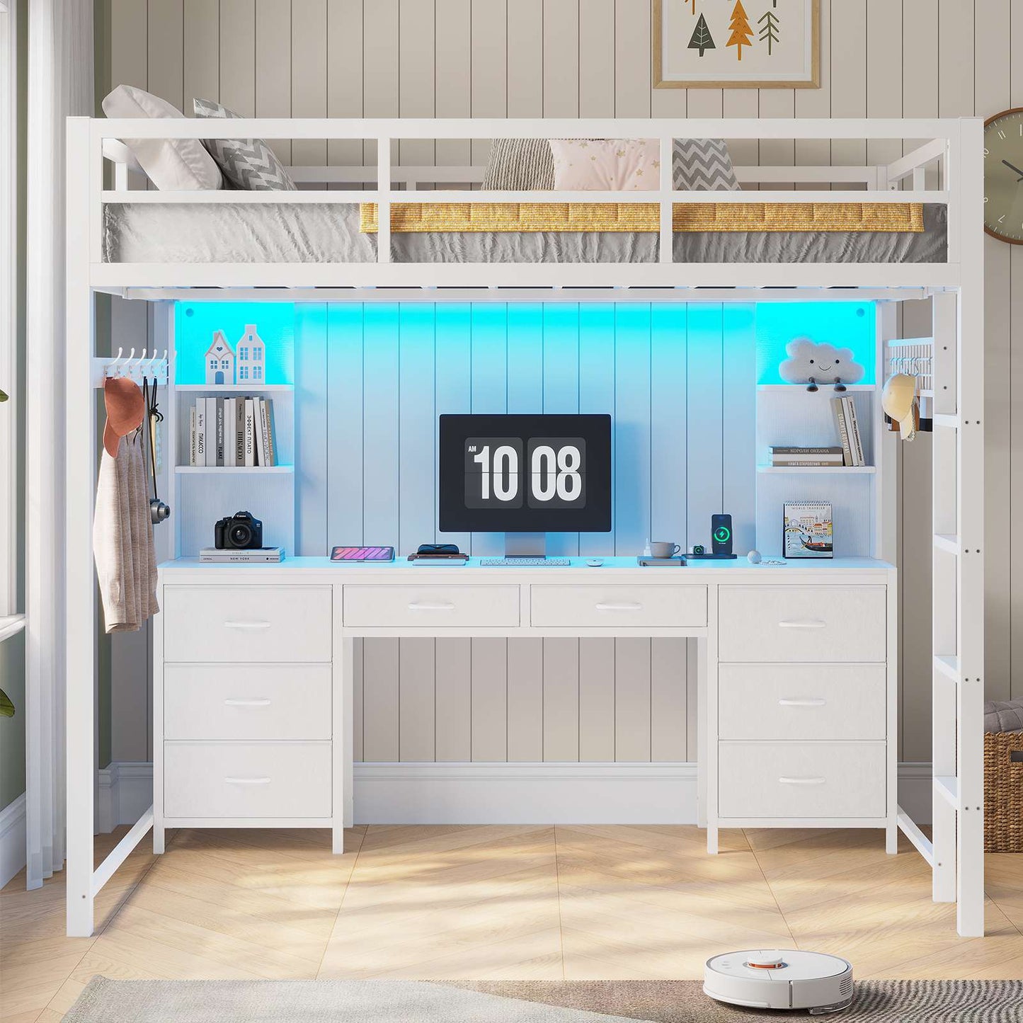 ADORNEVE Full Size Loft Bed with Desk and 8 Storage Drawers LED Metal Loft Beds with Charging Sation and 6 Storage Shelves