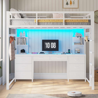 ADORNEVE Full Size Loft Bed with Desk and 8 Storage Drawers LED Metal Loft Beds with Charging Sation and 6 Storage Shelves