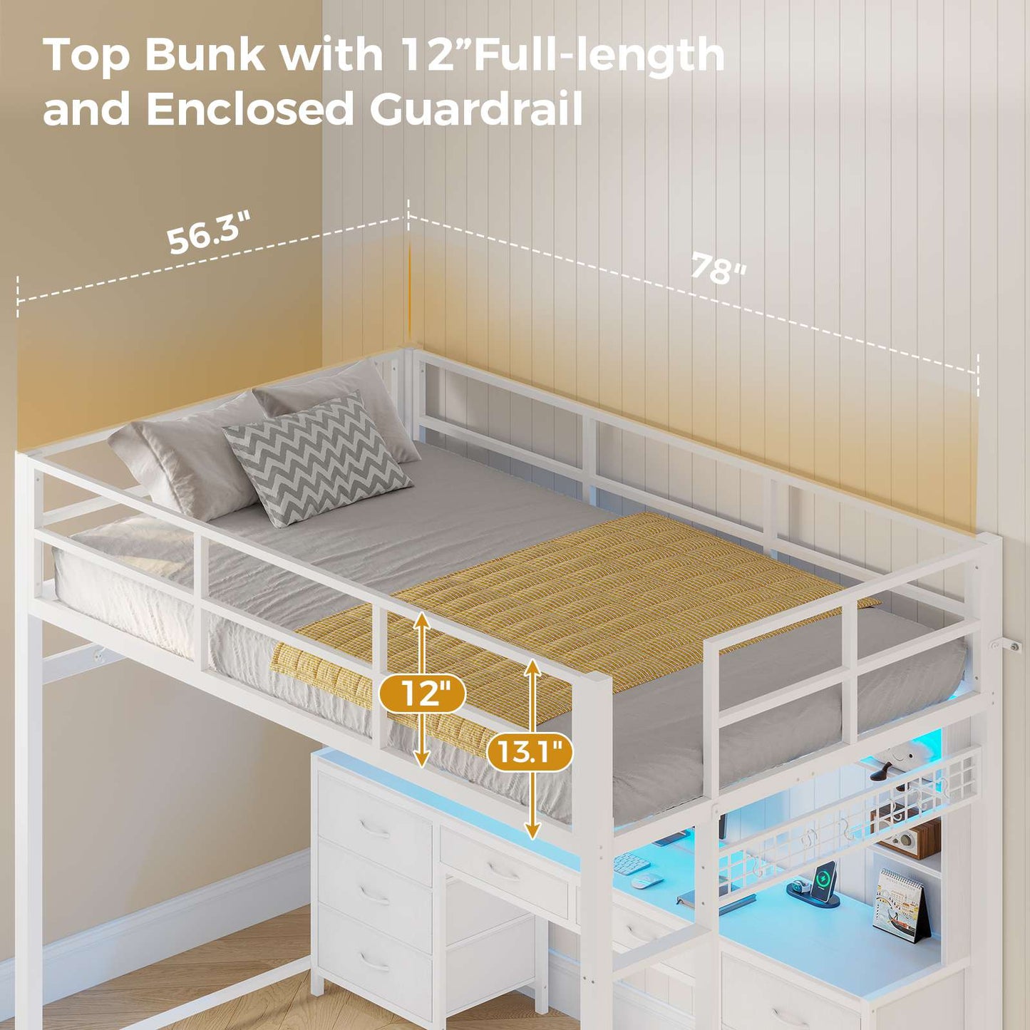 ADORNEVE Full Size Loft Bed with Desk and 8 Storage Drawers LED Metal Loft Beds with Charging Sation and 6 Storage Shelves
