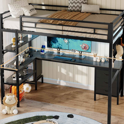 ADORNEVE Loft Bed Twin Size with L-Shaped Desk and Charging Station LED Metal Loft Bed with Fabric Drawers and Shelves Safety Guard