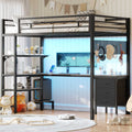 ADORNEVE Loft Bed Twin Size with L-Shaped Desk and Charging Station LED Metal Loft Bed with Fabric Drawers and Shelves Safety Guard