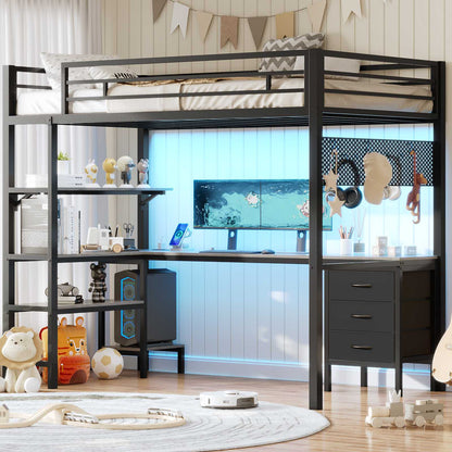ADORNEVE Loft Bed Twin Size with L-Shaped Desk and Charging Station LED Metal Loft Bed with Fabric Drawers and Shelves Safety Guard