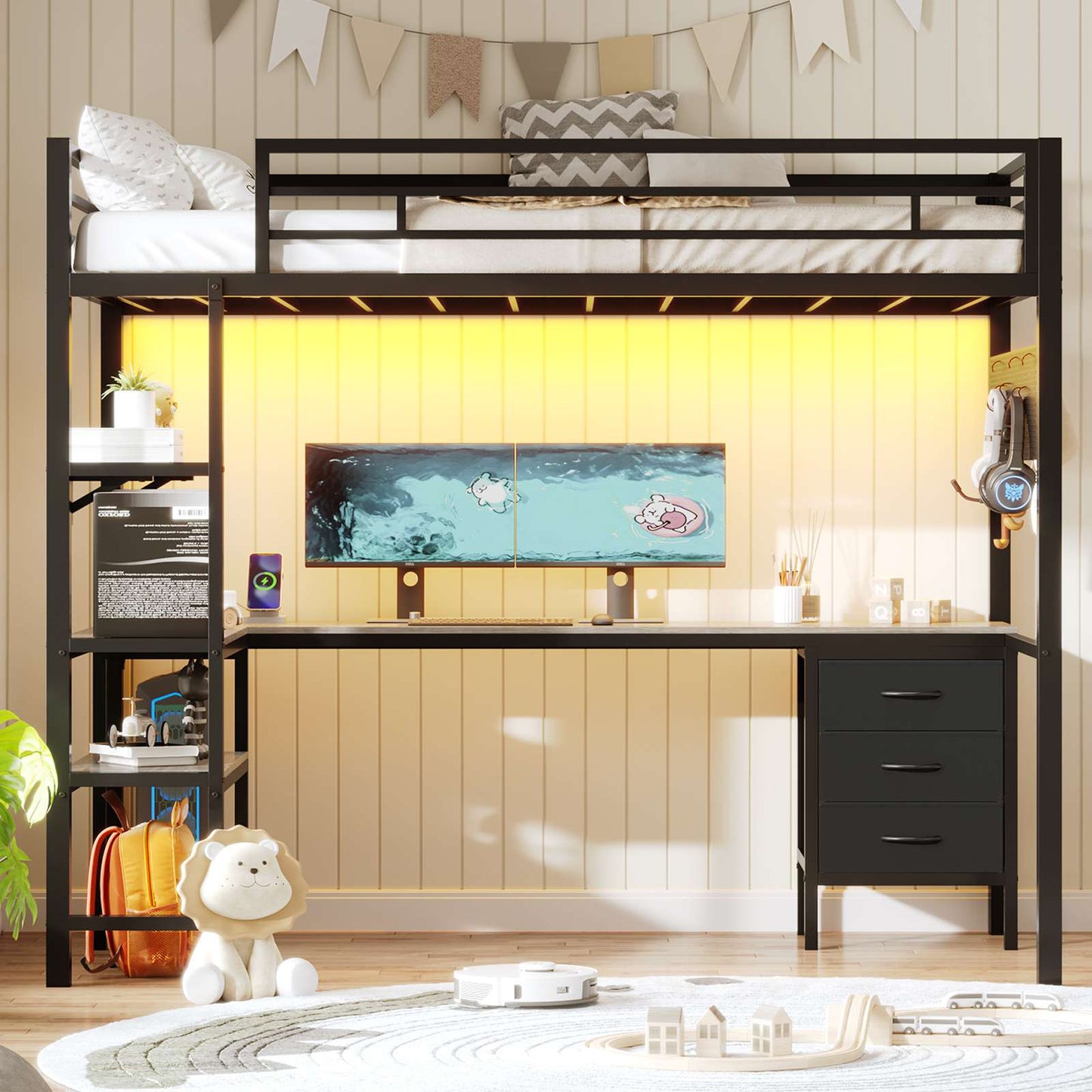 ADORNEVE Loft Bed Twin Size with L-Shaped Desk and Charging Station LED Metal Loft Bed with Fabric Drawers and Shelves Safety Guard