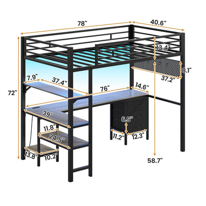 ADORNEVE Loft Bed Twin Size with L-Shaped Desk and Charging Station LED Metal Loft Bed with Fabric Drawers and Shelves Safety Guard