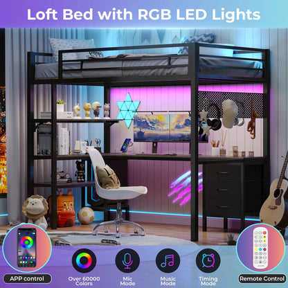 ADORNEVE Loft Bed Twin Size with L-Shaped Desk and Charging Station LED Metal Loft Bed with Fabric Drawers and Shelves Safety Guard