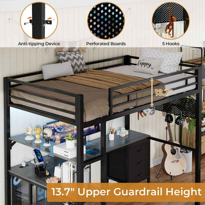 ADORNEVE Loft Bed Twin Size with L-Shaped Desk and Charging Station LED Metal Loft Bed with Fabric Drawers and Shelves Safety Guard