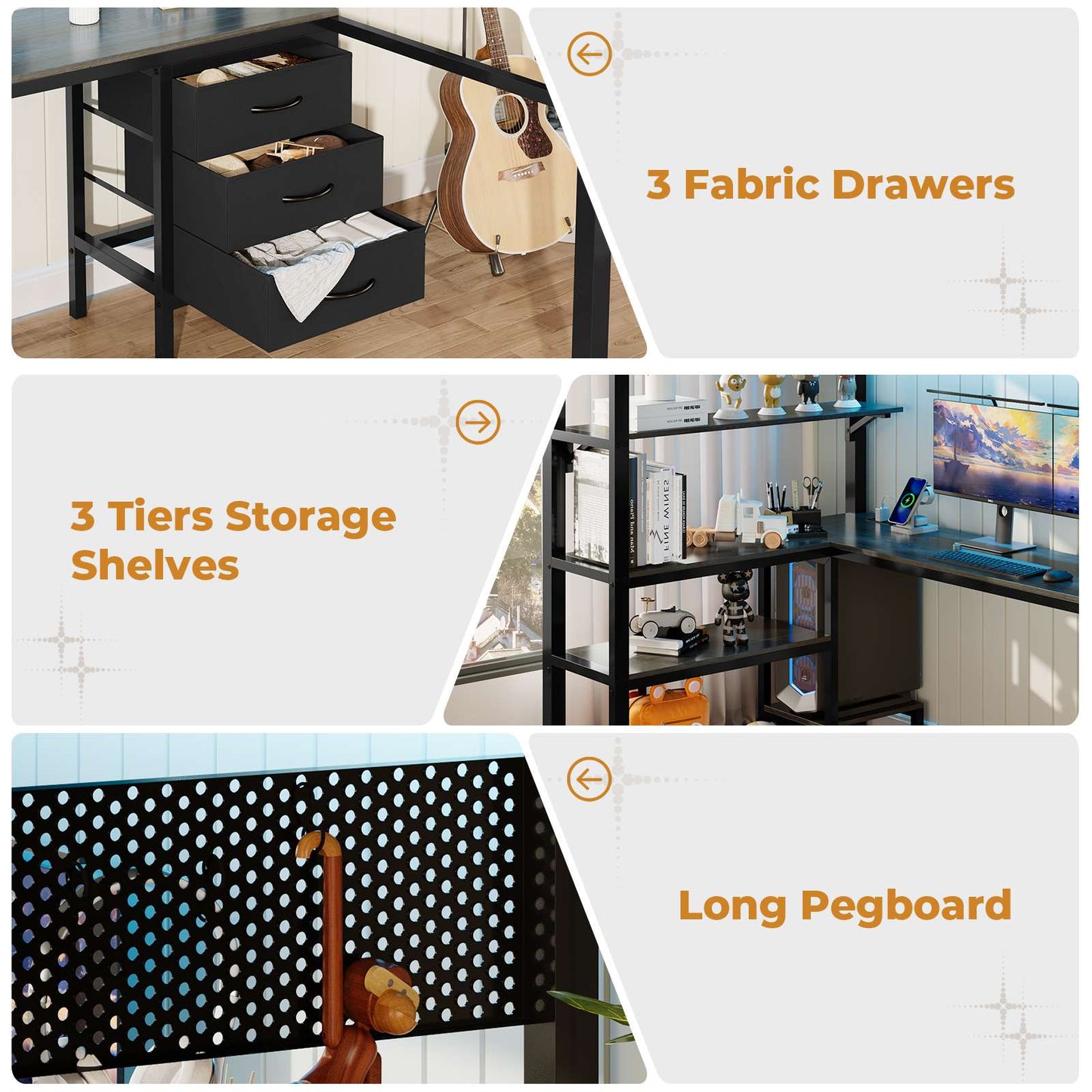 ADORNEVE Loft Bed Twin Size with L-Shaped Desk and Charging Station LED Metal Loft Bed with Fabric Drawers and Shelves Safety Guard