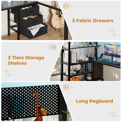ADORNEVE Loft Bed Twin Size with L-Shaped Desk and Charging Station LED Metal Loft Bed with Fabric Drawers and Shelves Safety Guard