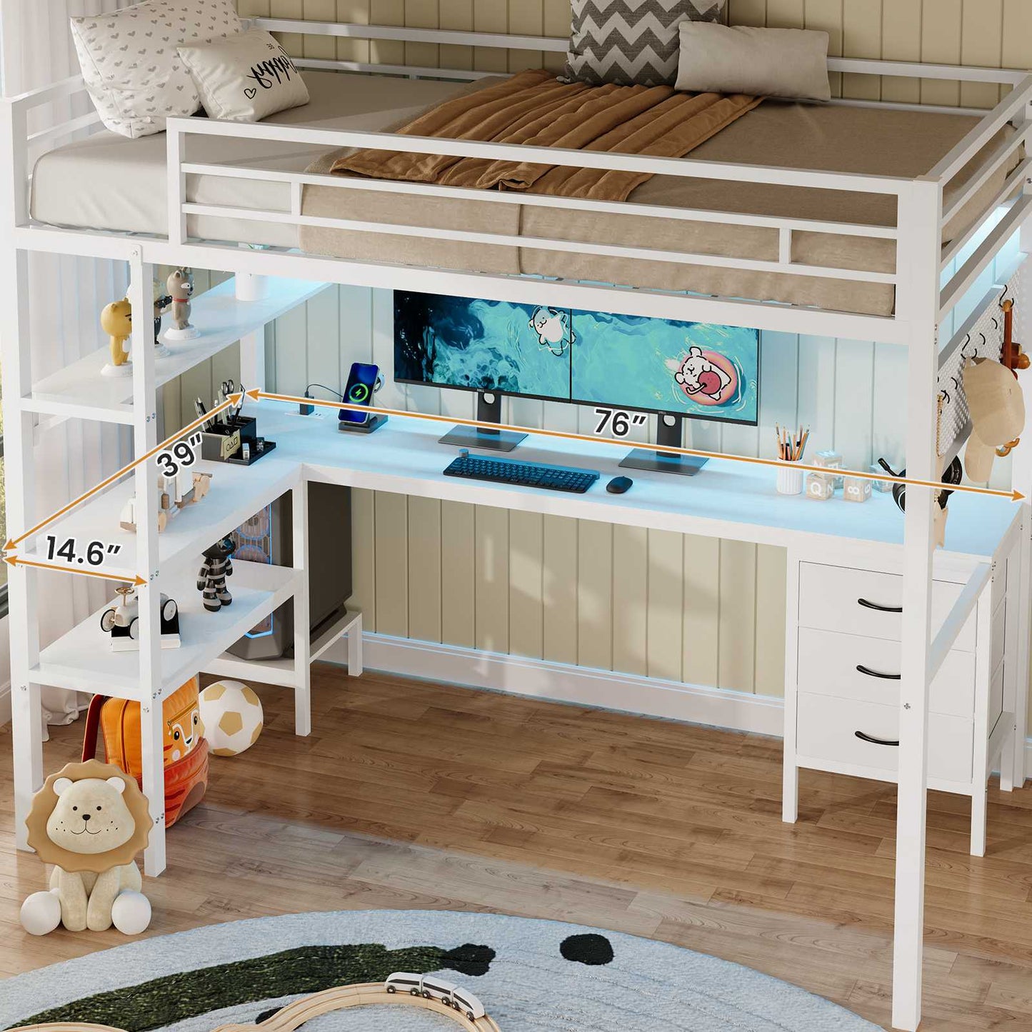 ADORNEVE Loft Bed Twin Size with L-Shaped Desk and Charging Station LED Metal Loft Bed with Fabric Drawers and Shelves Safety Guard