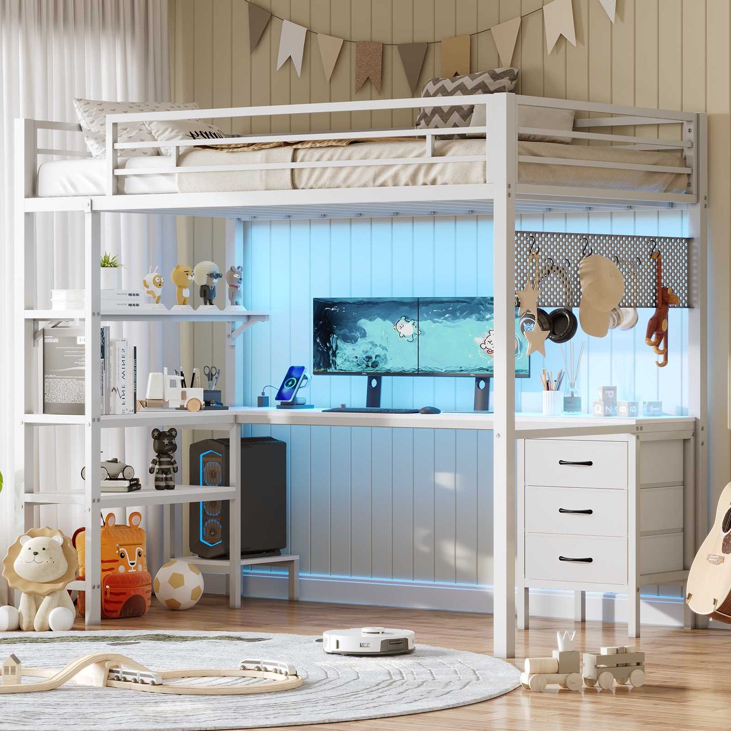 ADORNEVE Loft Bed Twin Size with L-Shaped Desk and Charging Station LED Metal Loft Bed with Fabric Drawers and Shelves Safety Guard