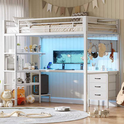 ADORNEVE Loft Bed Twin Size with L-Shaped Desk and Charging Station LED Metal Loft Bed with Fabric Drawers and Shelves Safety Guard