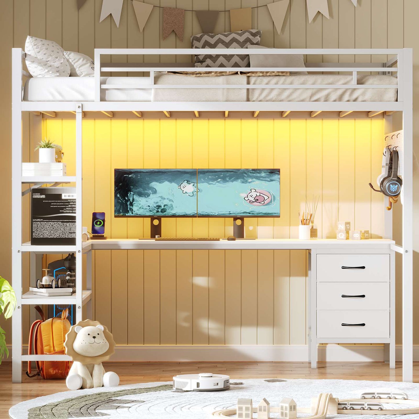 ADORNEVE Loft Bed Twin Size with L-Shaped Desk and Charging Station LED Metal Loft Bed with Fabric Drawers and Shelves Safety Guard