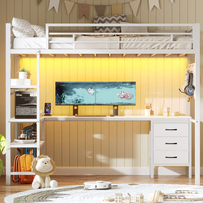 ADORNEVE Loft Bed Twin Size with L-Shaped Desk and Charging Station LED Metal Loft Bed with Fabric Drawers and Shelves Safety Guard