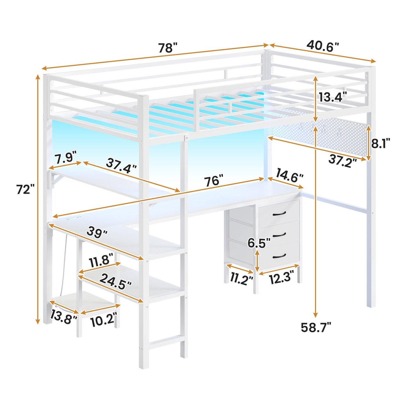 ADORNEVE Loft Bed Twin Size with L-Shaped Desk and Charging Station LED Metal Loft Bed with Fabric Drawers and Shelves Safety Guard