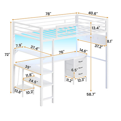 ADORNEVE Loft Bed Twin Size with L-Shaped Desk and Charging Station LED Metal Loft Bed with Fabric Drawers and Shelves Safety Guard