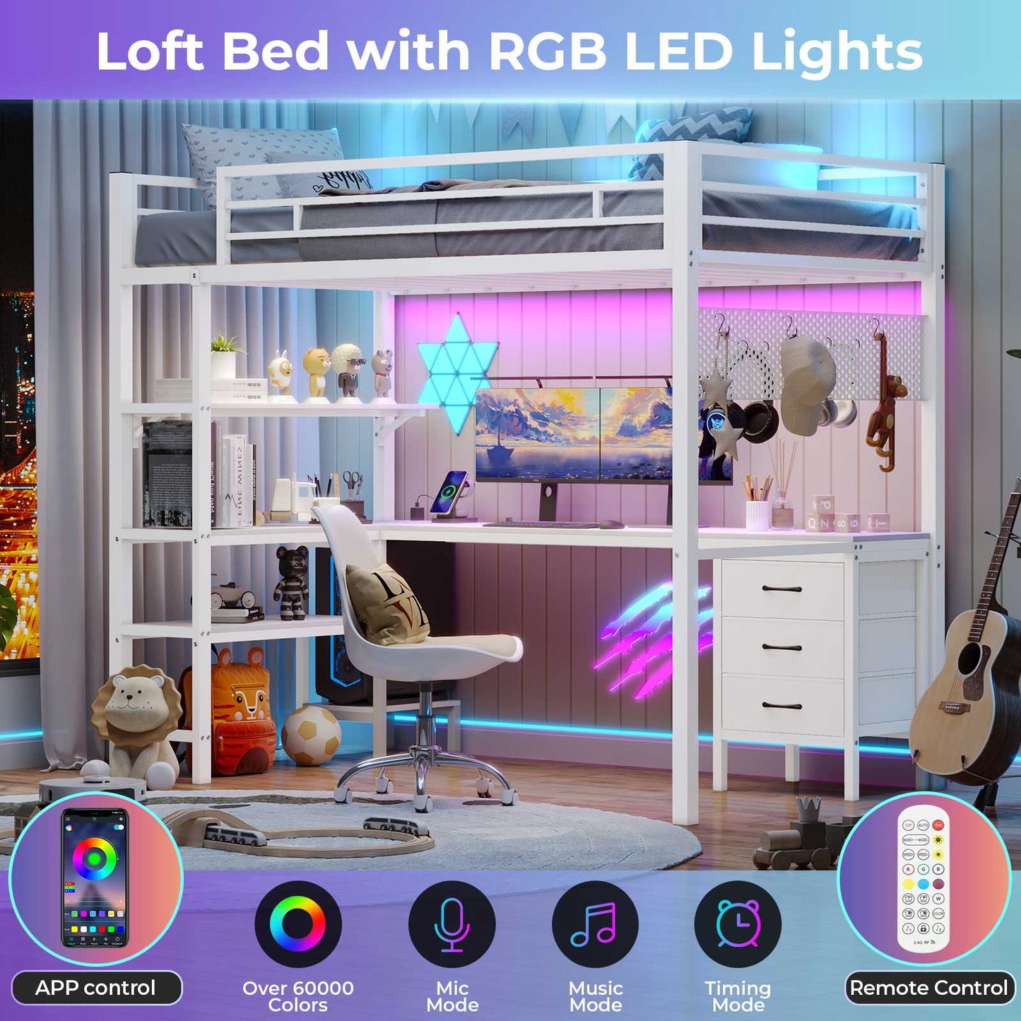 ADORNEVE Loft Bed Twin Size with L-Shaped Desk and Charging Station LED Metal Loft Bed with Fabric Drawers and Shelves Safety Guard