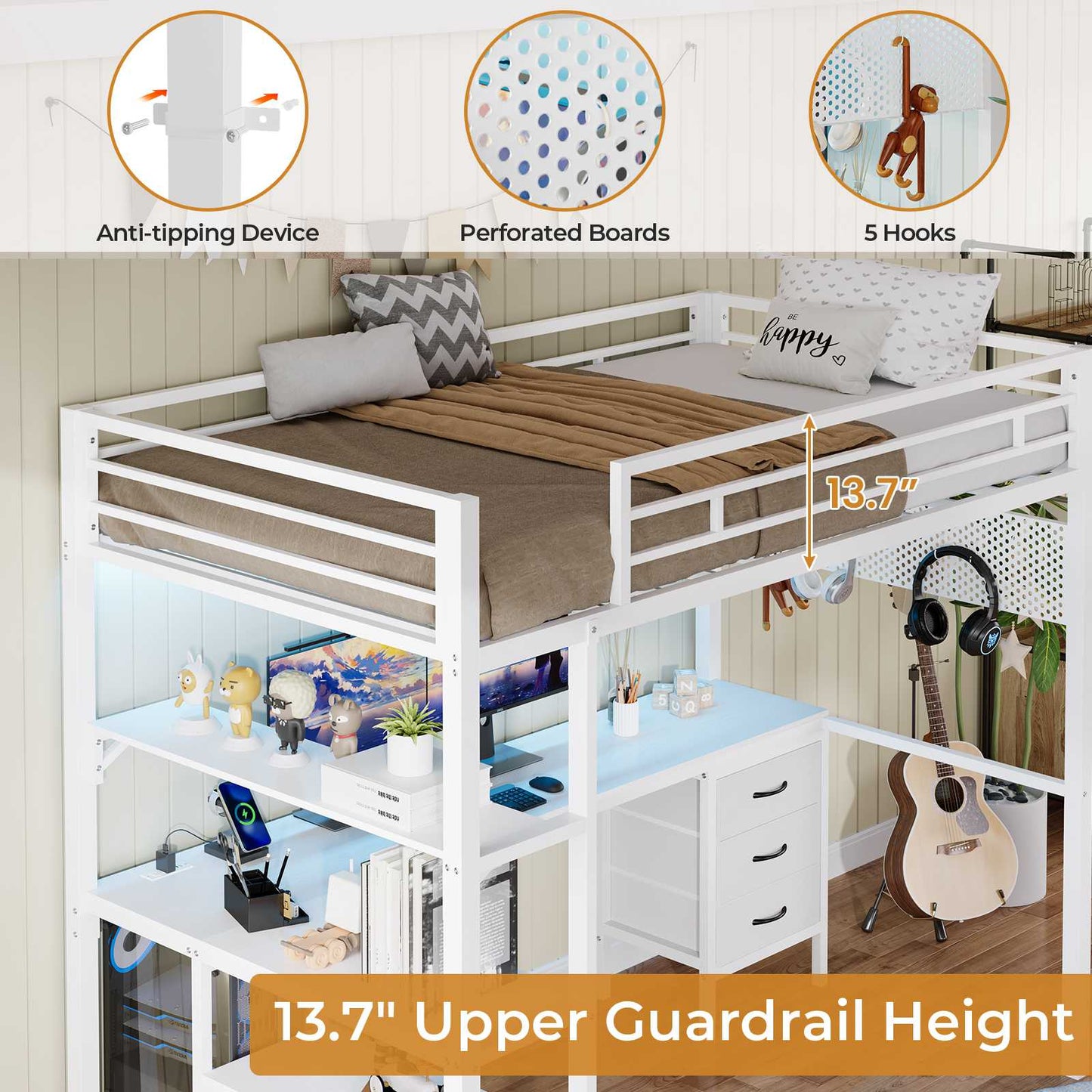 ADORNEVE Loft Bed Twin Size with L-Shaped Desk and Charging Station LED Metal Loft Bed with Fabric Drawers and Shelves Safety Guard