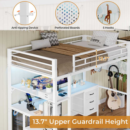ADORNEVE Loft Bed Twin Size with L-Shaped Desk and Charging Station LED Metal Loft Bed with Fabric Drawers and Shelves Safety Guard