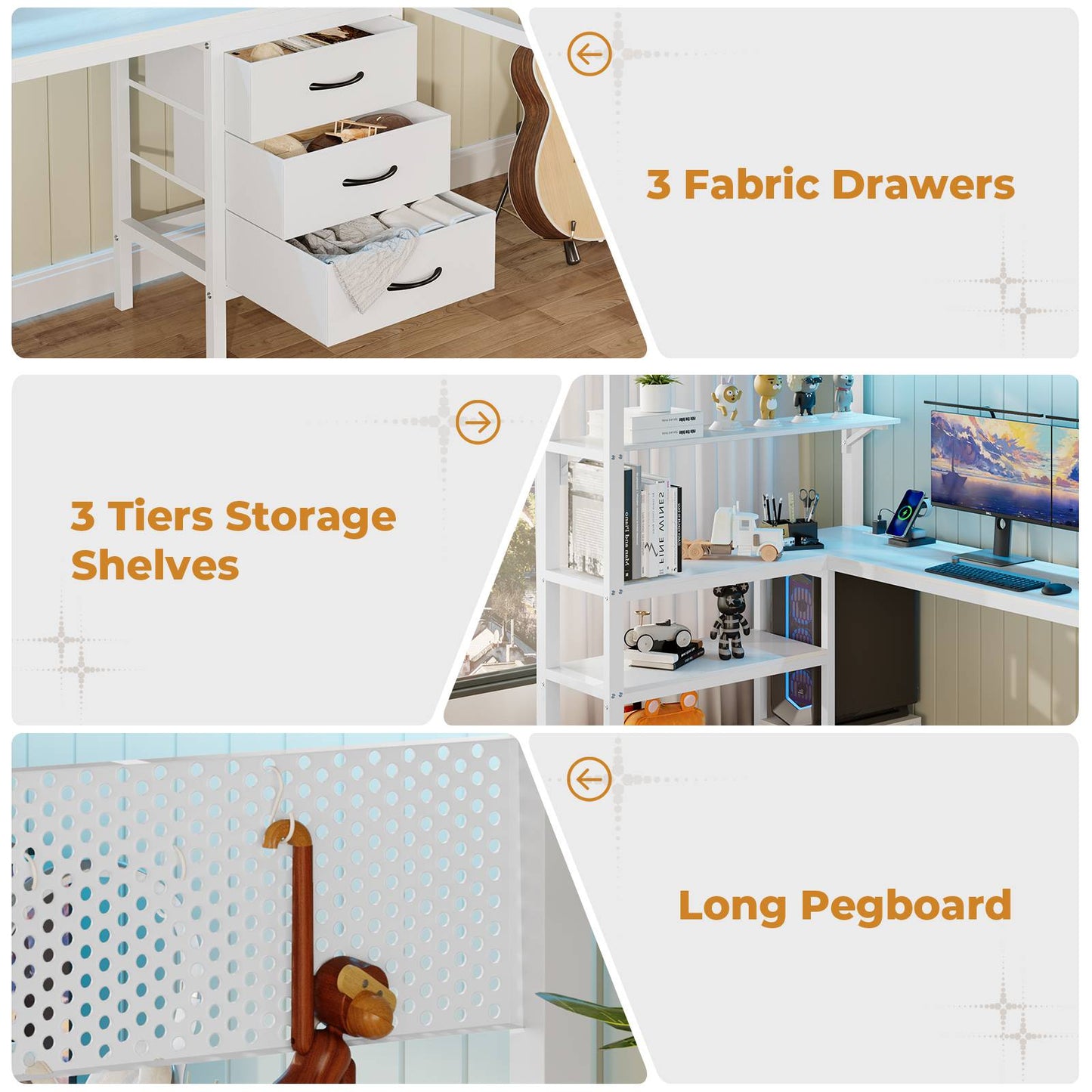ADORNEVE Loft Bed Twin Size with L-Shaped Desk and Charging Station LED Metal Loft Bed with Fabric Drawers and Shelves Safety Guard