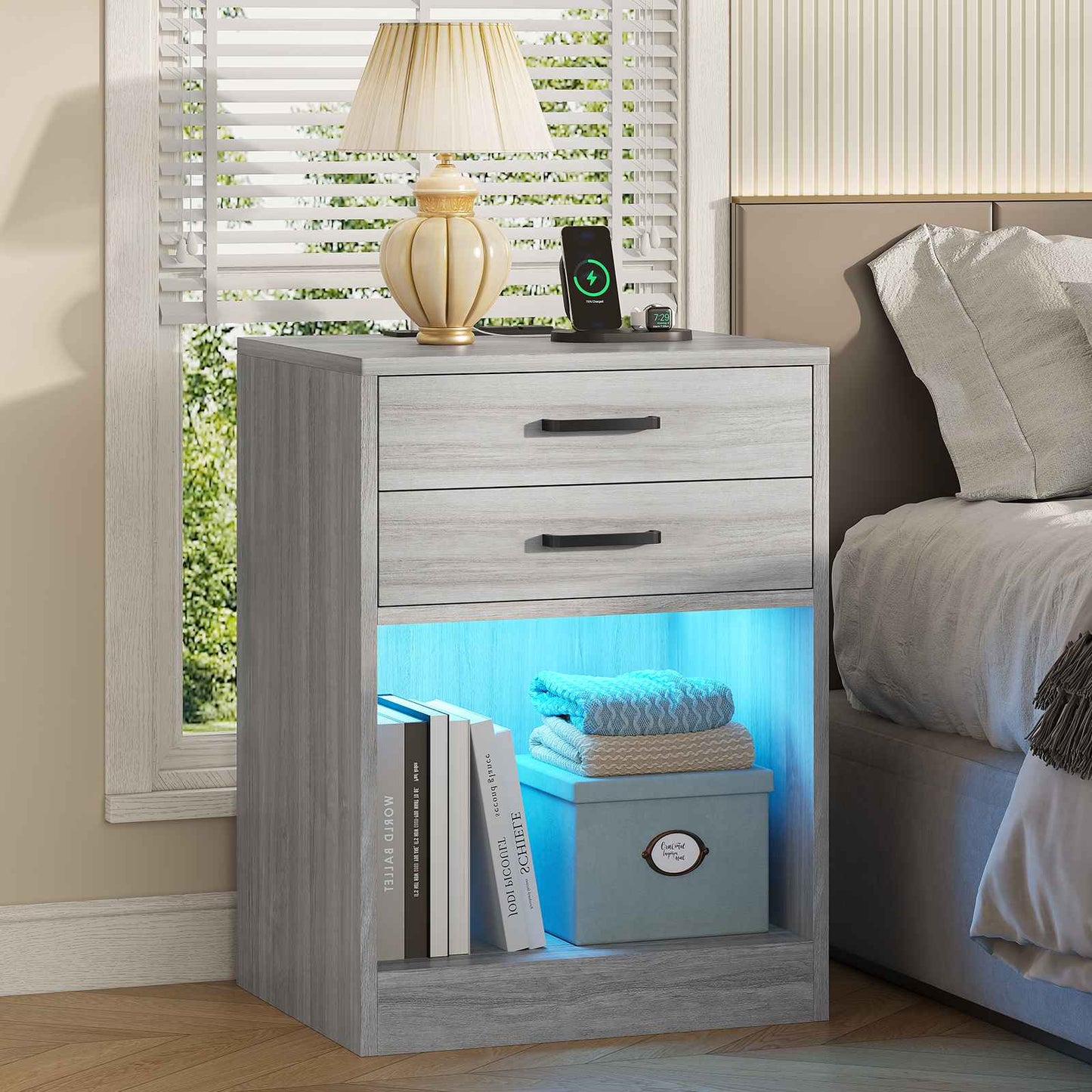 ADORNEVE LED Nightstands Set of 2 with Charging Station Black Bedside Table with Power Outlets and Drawers