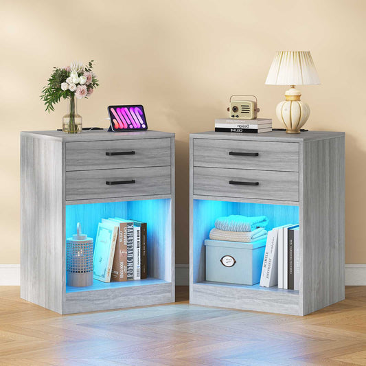 ADORNEVE LED Nightstands Set of 2 with Charging Station Black Bedside Table with Power Outlets and Drawers