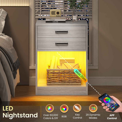 ADORNEVE LED Nightstands Set of 2 with Charging Station Black Bedside Table with Power Outlets and Drawers