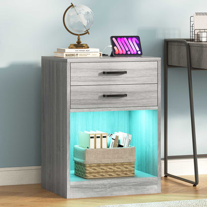 ADORNEVE LED Nightstands Set of 2 with Charging Station Black Bedside Table with Power Outlets and Drawers