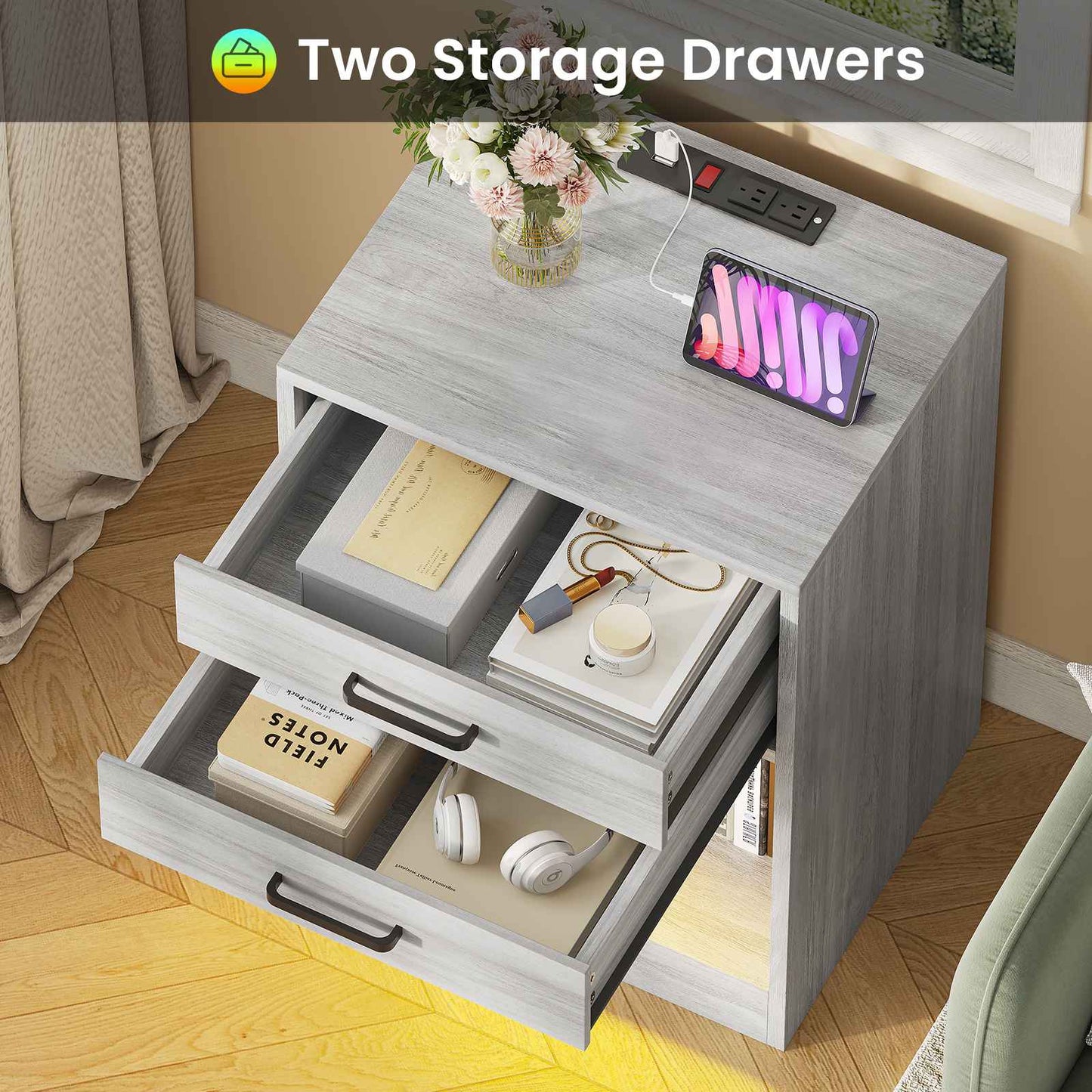 ADORNEVE LED Nightstands Set of 2 with Charging Station Black Bedside Table with Power Outlets and Drawers