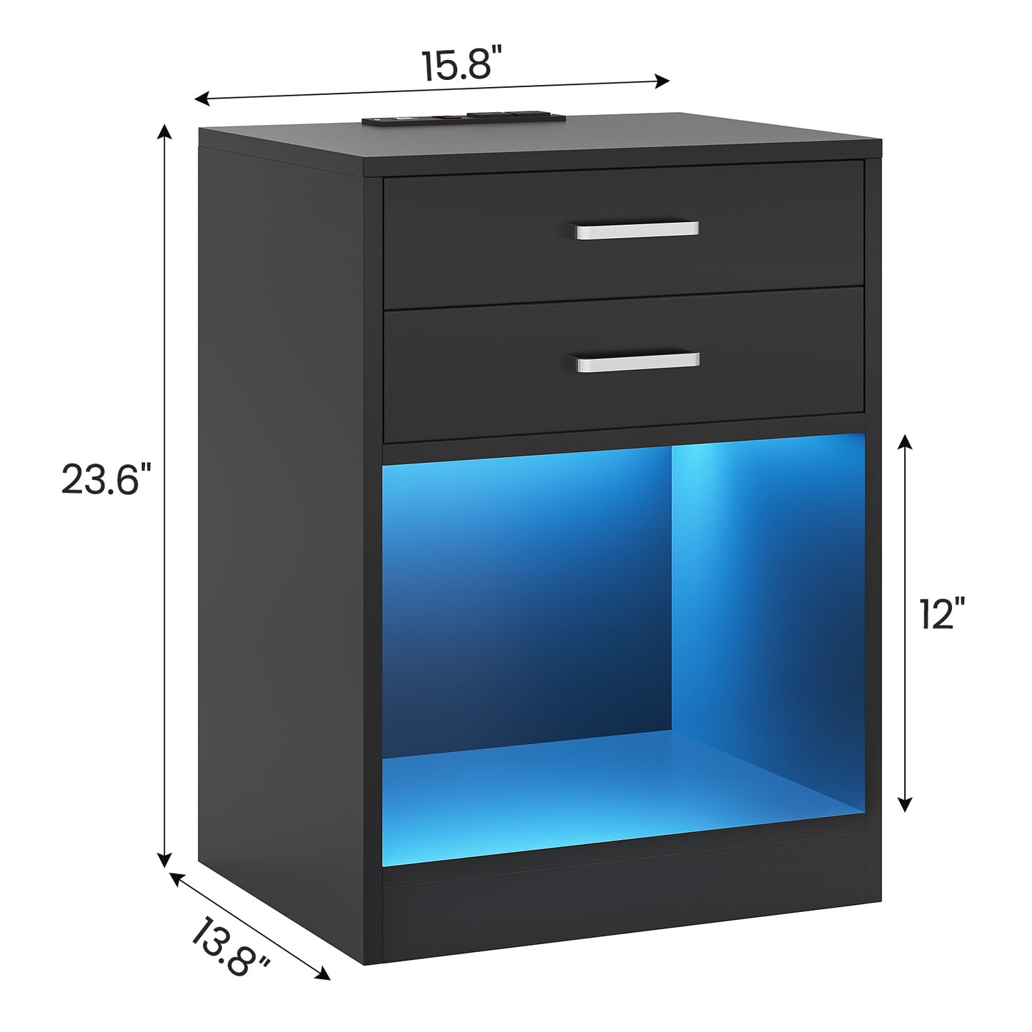 ADORNEVE LED Nightstands Set of 2 with Charging Station Black Bedside Table with Power Outlets and Drawers