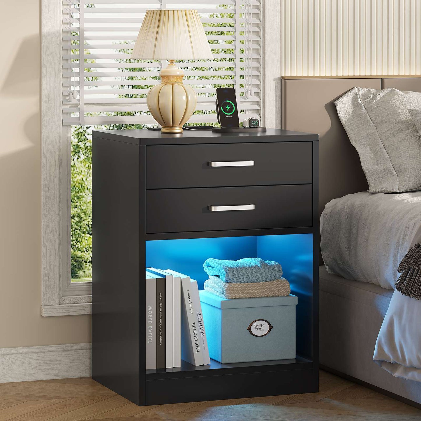 ADORNEVE LED Nightstands Set of 2 with Charging Station Black Bedside Table with Power Outlets and Drawers