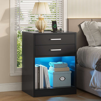 ADORNEVE LED Nightstands Set of 2 with Charging Station Black Bedside Table with Power Outlets and Drawers