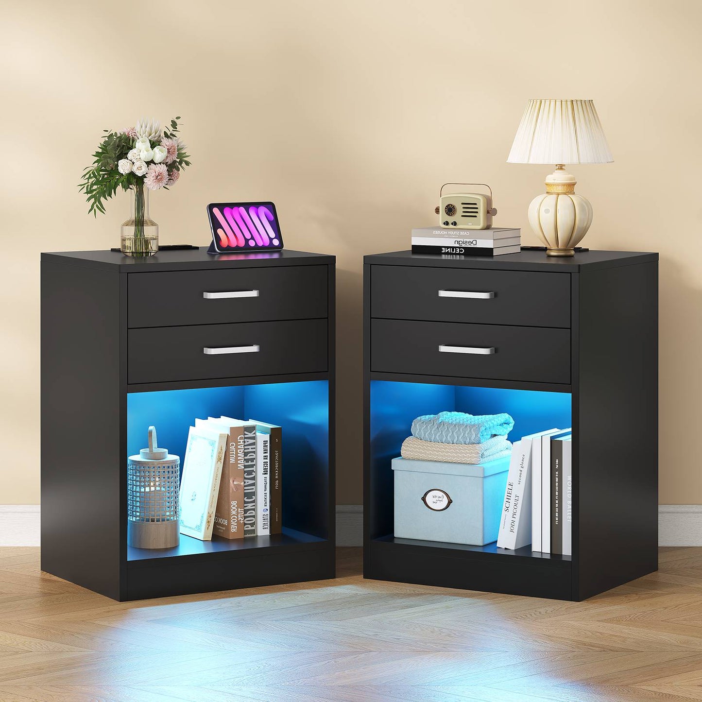 ADORNEVE LED Nightstands Set of 2 with Charging Station Black Bedside Table with Power Outlets and Drawers